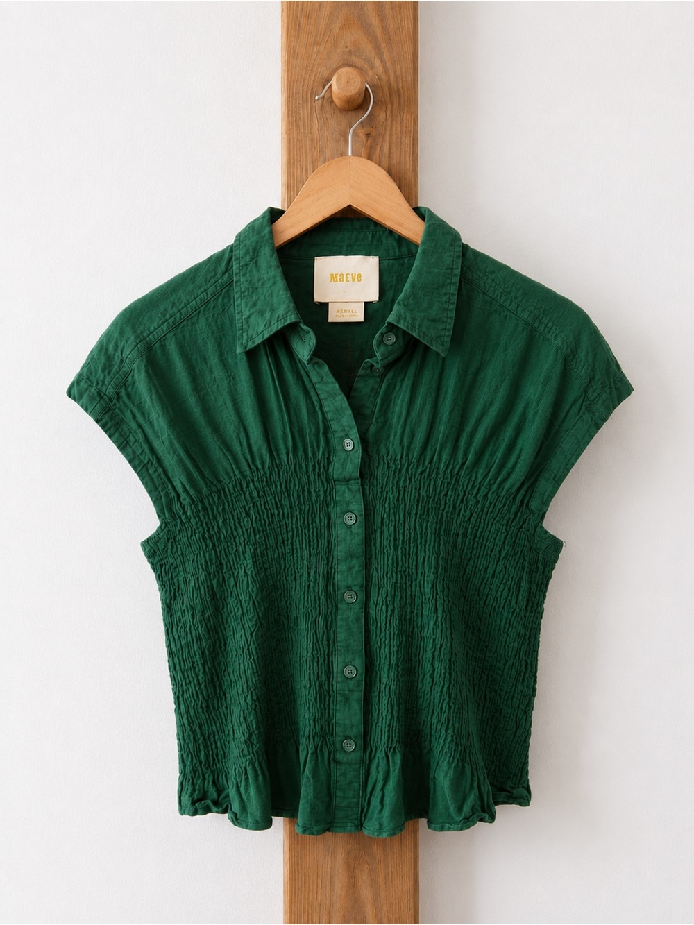 Maeve Green Smocked Button-Down Top